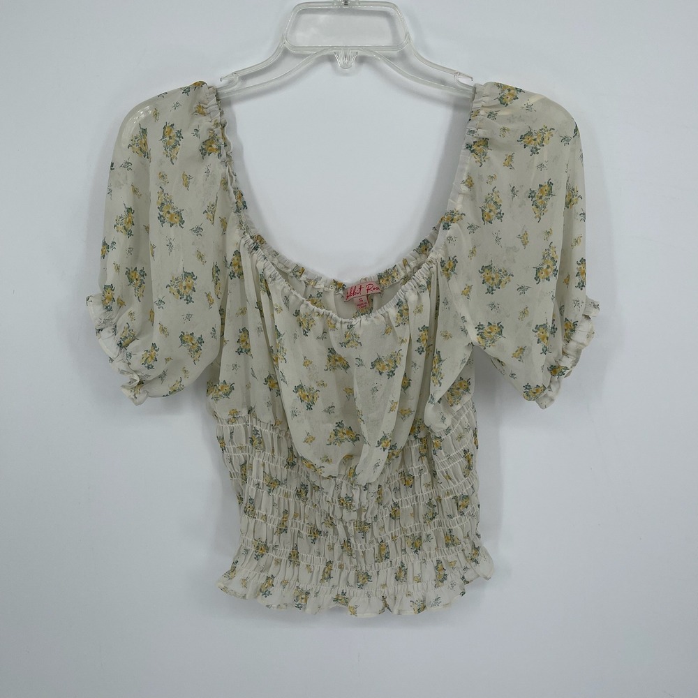 Rabbit Rose Women's White Floral Smocked Puff Sleeve Blouse Size Small‎